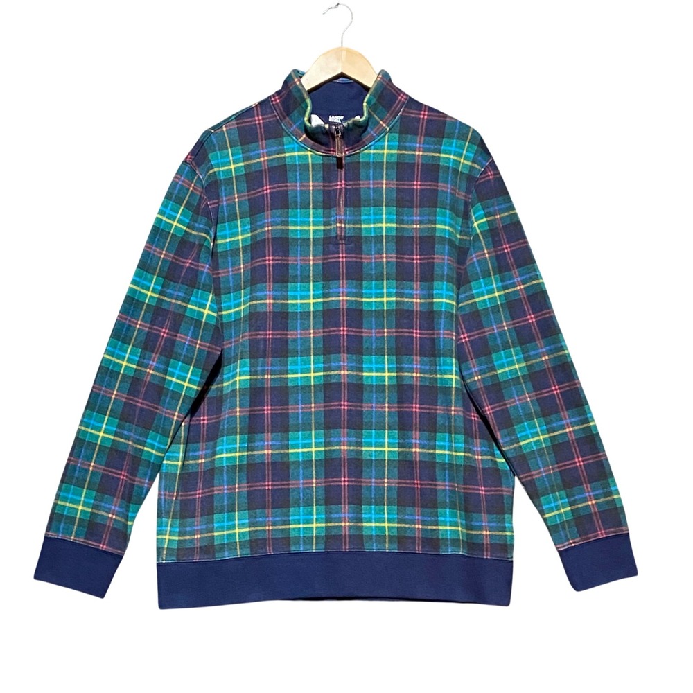 Lands End Mens XL Plaid Quarter Zip Pullover Green Blue Mock Neck Preppy Tartan